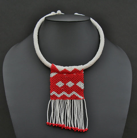 African Zulu Love Letter Beaded Necklace Red on White