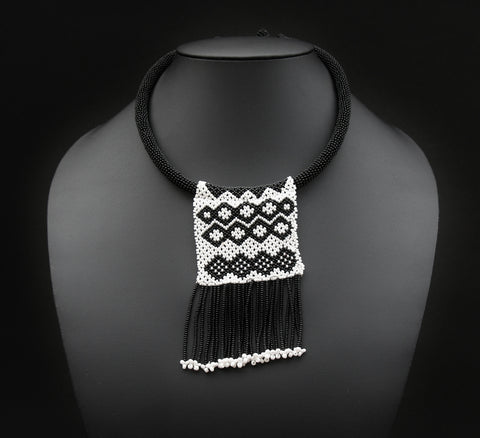 African Zulu Love Letter Beaded Choker Necklace Black & White