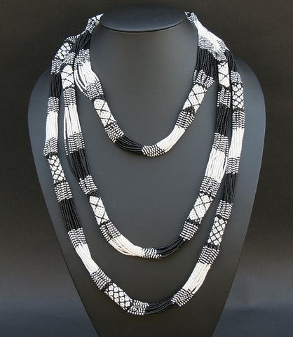 African Necklace Tribal Design Multi-strand Black White