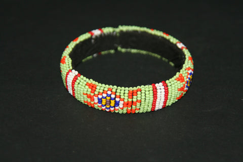 African Zulu Beaded Green Red Cuff Bracelet