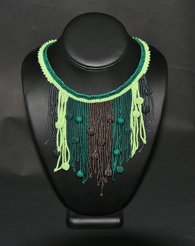 African Choker Beaded Cascade Necklace Green & Copper