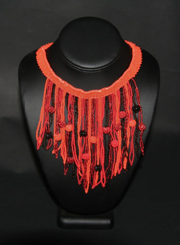 African Choker Beaded Cascade Necklace Orange Burgundy Red Beads