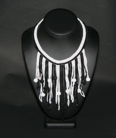 African Choker Beaded Cascade Necklace Black White