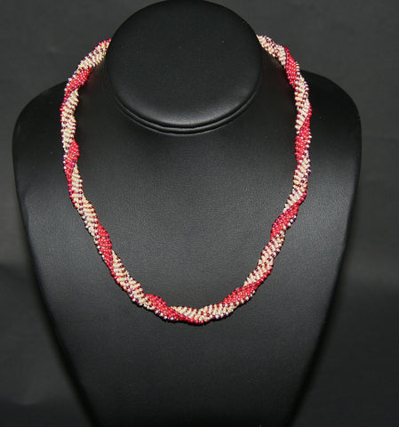 African Bead Spiral Twist Necklace Orange Mango Pearl and Burgundy Colors