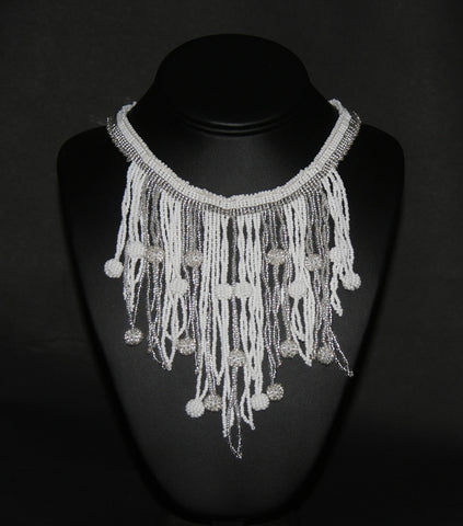 African Choker Beaded Cascade Necklace White Silver