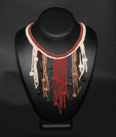 African Choker Beaded Cascade Necklace Brown White Gray Gold Beads