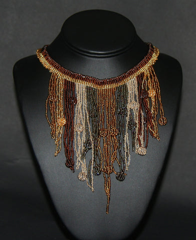 African Choker Beaded Cascade Necklace Brown Gold Copper Gray Beads