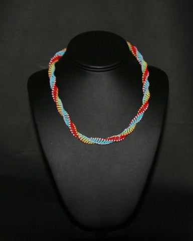 African Bead Spiral Twist Necklace Red Green Blue