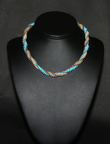 African Bead Spiral Twist Necklace Blue White Brown Colors