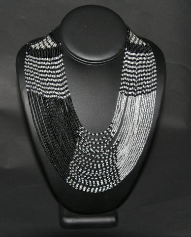 African Tribal Beaded Waterfall Necklace Black and Silver Matching Bracelet