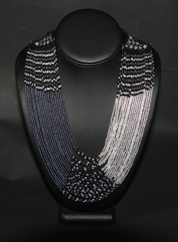African Beaded Waterfall Necklace Graphite Black Silver Colors Matching Bracelet