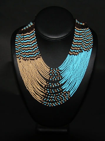 Tribal Beaded Waterfall Necklace TurquoiseBlue  Beige & Chocolate Colors