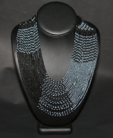 African Tribal Beaded Necklace Waterfall Black Graphite Blue