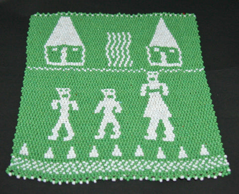 African Beaded Picture Mat Tribal Art  Green White 10" X 8" Handwoven in South Africa