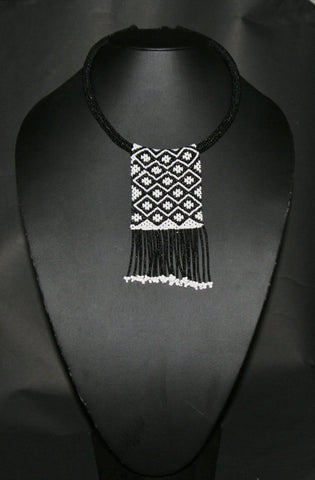 African Zulu Love Letter Beaded Choker Necklace Black & White Flower Design