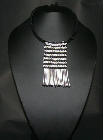 African Zulu Love Beaded Necklace Black White Beaded Fringe