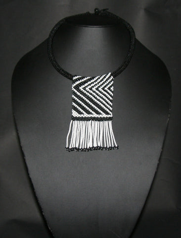 African Zulu Love Beaded Necklace Black White Beaded Fringe