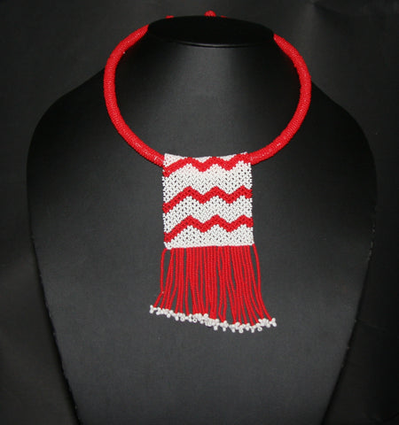 African Love Letter Beaded Necklace Red White Beaded Fringe