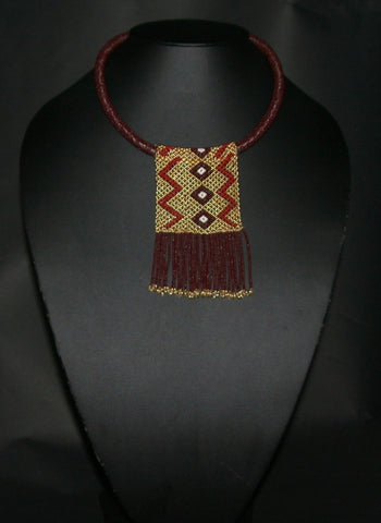 African Love Letter Beaded Necklace Mahogany Brown Gold Pearl