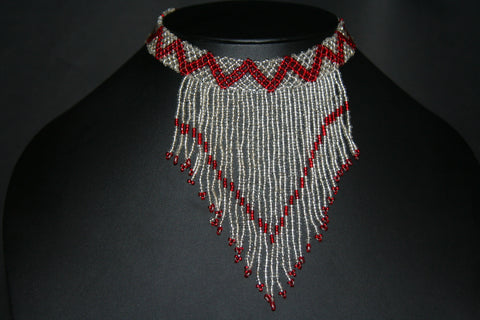 African Beaded Choker Necklace Red White/Silver Chevron Design Swaziland