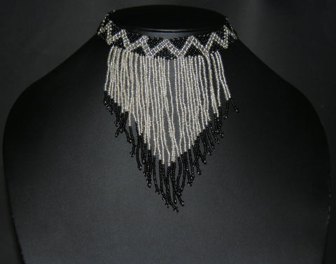 African Beaded Choker Necklace Cascade Black White Handcrafted Swaziland