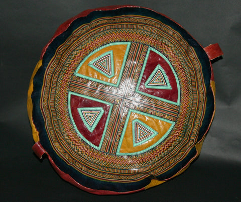 African Tuareg Leather Pouf/Ottoman/Footstool Antique Red Yellow Blue Turquoise - Cultures International From Africa To Your Home