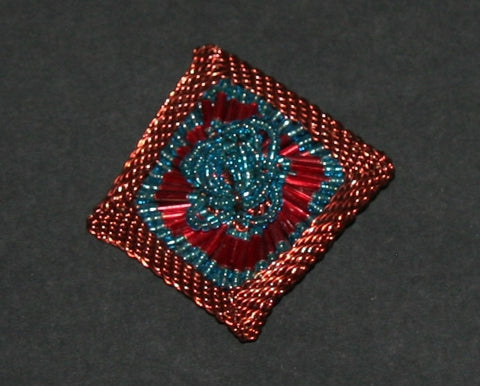 African Beaded Brooch Pin Copper Wire Teal Red Glass Beads Handmade 2.25" X 2.75"