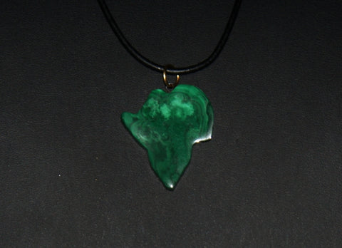 Malachite African Continent Pendant Necklace on Black Leather 27" L