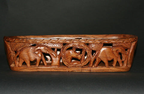 African Bowl Elephant Leopard Rhino Carved Olive Wood Handcrafted in Zimbabwe 16.5" L