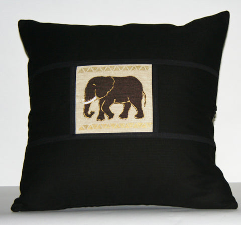 African Elephant Pillow Tribal Design Black with Ivory Gold Gray Applique Handpainted 18"X 18"