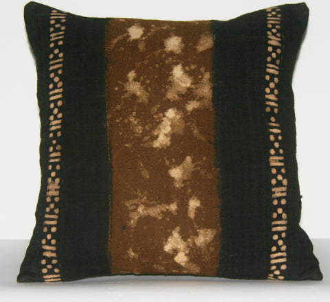 African Mud Cloth Pillow Cover Black Tie-Dyed Hand Painted Lightly Mauve Brown Colors 16.5" X 16"