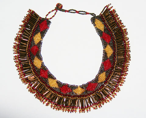 African Princess Beaded Tribal Necklace Red Gold Gray