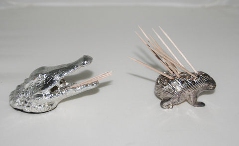 Vintage African Silver Collection Toothpick Holders Porcupine, Hippo, Crocodile