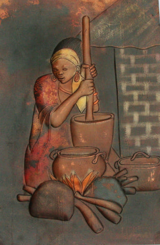 African Copper Art Tribal Beauty Preparing Food 23"H X 15"W Congo Copper Relief Art
