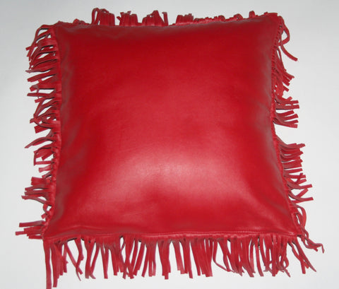 Authentic Full Grain Leather and Suede Fringed Pillow Lipstick Red