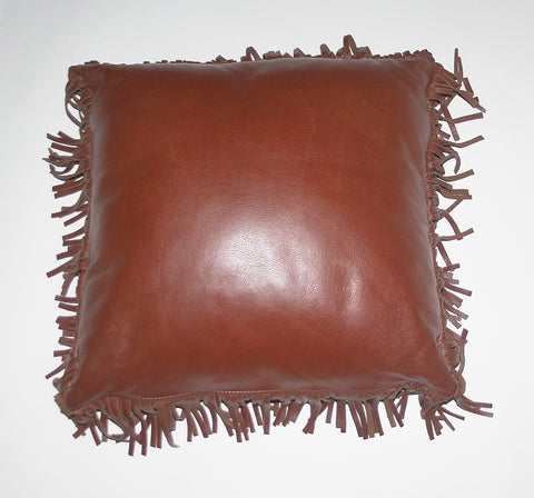 Authentic Full Grain Leather and Suede Fringed Pillow Chestnut Brown