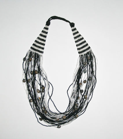 African Bead Necklace Cascade Black White With Imfibinga Seeds