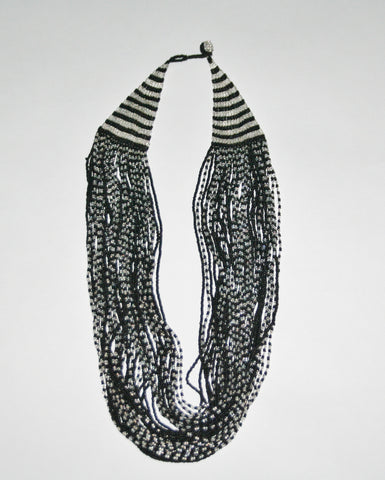 African Seed Bead Necklace Cascade Black White