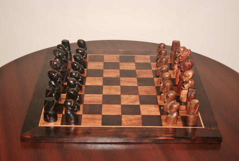 African Chess Set Carved Ebony Wood, Mahogany Sculptured Tribal Figures Vintage