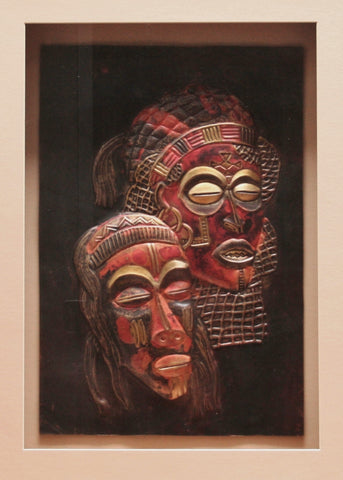 Mask Copper Chokwe Relief Art in Custom Shadow Box Handcrafted Wood 25"W X 33"H X 3.5"D
