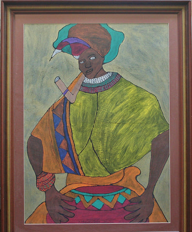African Painting Xhosa Tribal Woman Smoking Pipe 34"W X 44"H X 2"D