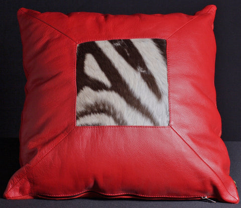 African Red Leather Zebra Inlay Pillow