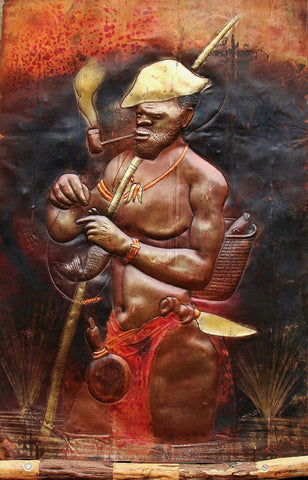 African Copper Art Fisherman With Pipe and Rod - Congo - 23.5" X 15.5"
