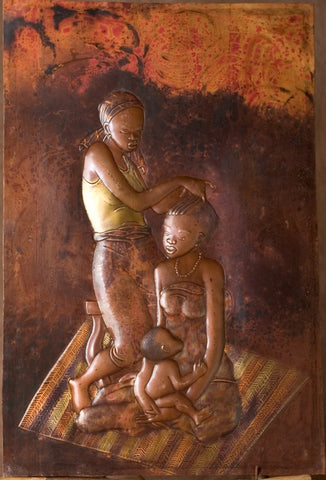 African Copper Art Tribal Women Braiding Hair With Baby 15.5" X 23.5" Congo D.R.C.