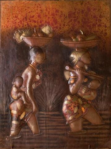 African Copper Art Tribal Mothers Crossing River With Babies and Baskets 20" X 15"