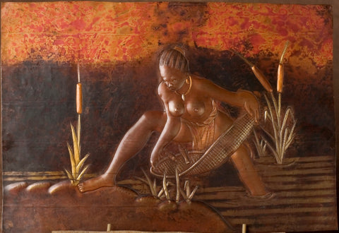 African Copper Art Beautiful Woman Gathering Fish in River 16" X 23" Congo D.R.C.