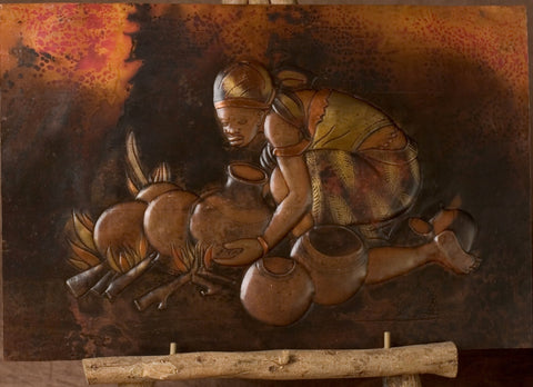 African Copper Art Tribal Woman Pots & Fire 15" X 23" Congo D.R.C.
