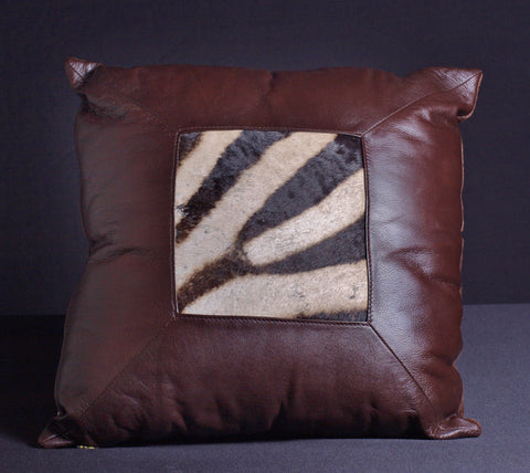 African Leather Zebra Inlay Pillow Brown