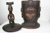 African Mortar Pestle Bowl W/Lid Carved Masks and Figurine Lid Nigerian Antique - Cultures International From Africa To Your Home