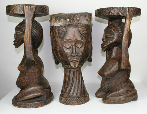 Luba 4-Mask Drum  & Two Female Caryatid Stools Antique, Collectible Congo Zaire